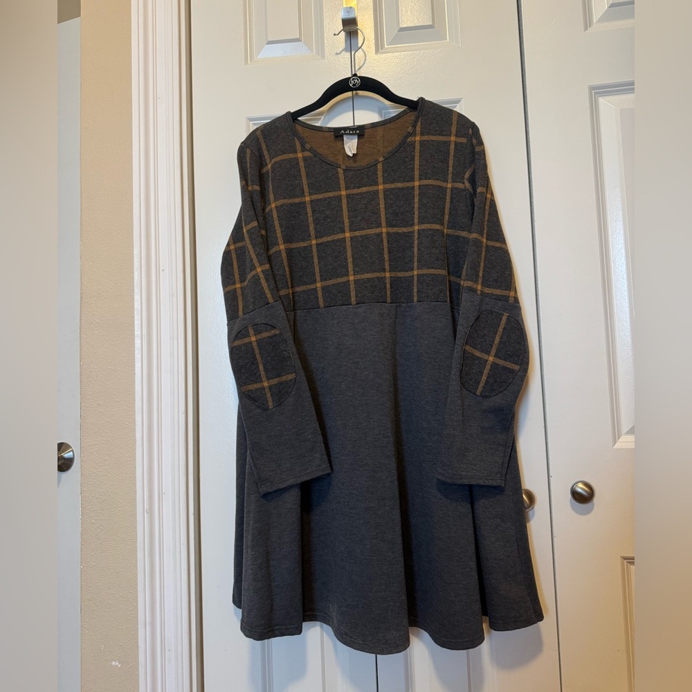 Plus Size 1X Plaid Knit Tunic Dress‎ Elbow Patch Long Sleeve Casual